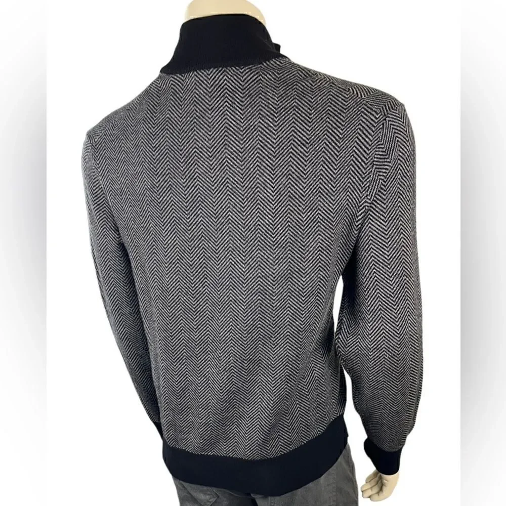Cremieux Classics Zip Front Pullover in Gray/Black Chevron 100% Merino Wool Sz L